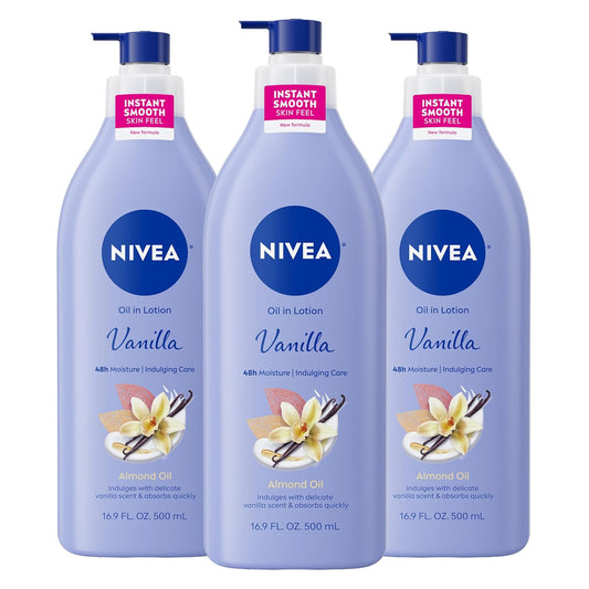 Oil Infused Vanilla and Almond Oil Body Lotion for Women, Fast-Absorbing and Non-Greasy Vanilla Scented Lotion Moisturizes for 48 Hours, 16.9 Fl Oz Pump Bottle, Pack of 3